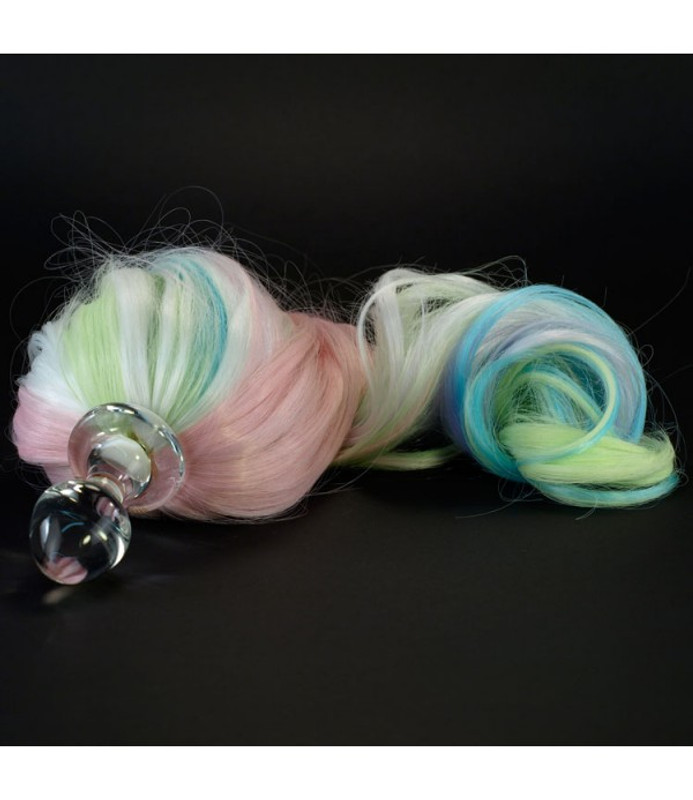 Crystal Delights Detachable Faux Pony Tail Butt Plug / Short Stem - Small Bulb With Pastel 5 - Color Faux Pony Tail