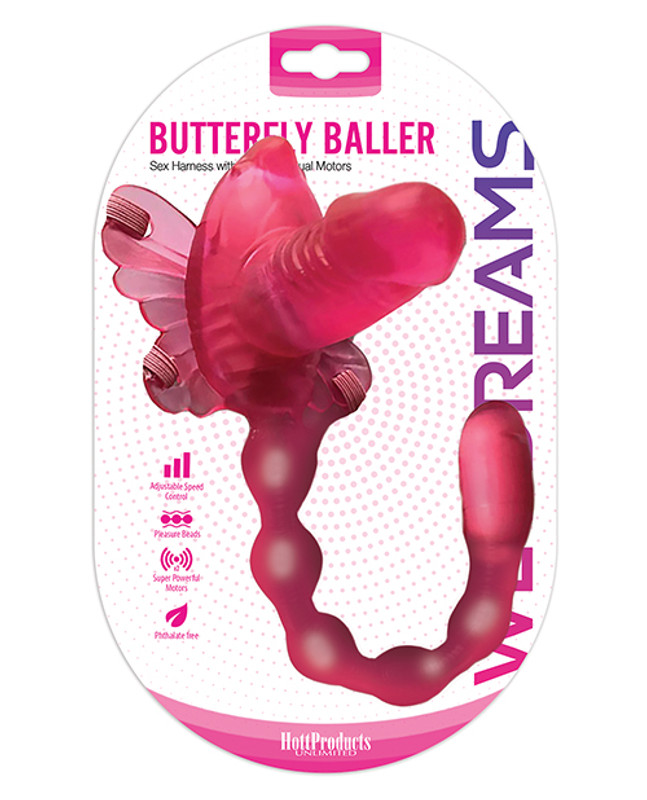 Hott Products Wet Dreams Buttefly Baller Sex Harness With Dildo - Pink