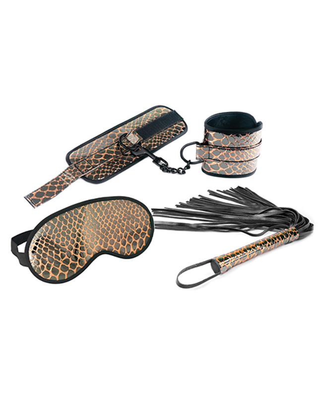 Spartacus Fetish Faux Leather Wrist Restraints Blindfold & Flogger Bondage Kit - Gold