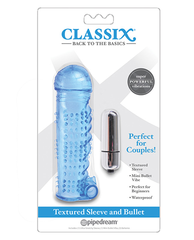 Pipedream Classix Textured Penis Sleeve & Bullet Vibrator - Blue
