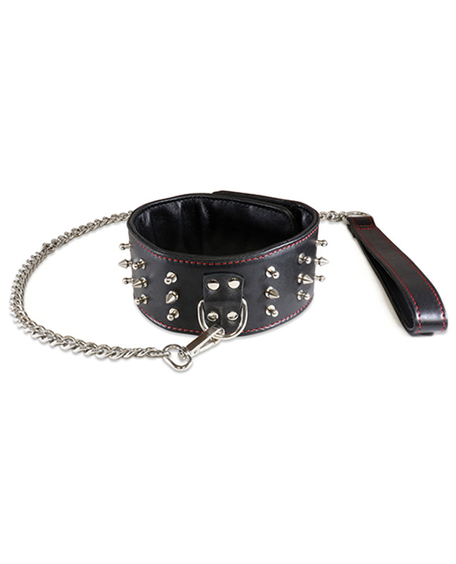 Sultra Lambskin 2 1/2" Studded Fetish Collar With 24" Chain - Black