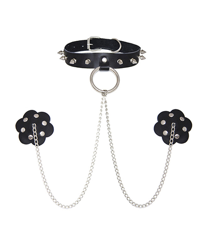 Neva Nude Burlesque Slave 4 U Chain Neck Choker Leather Reusable Silicone Nipzitx Pasties - Black O/s