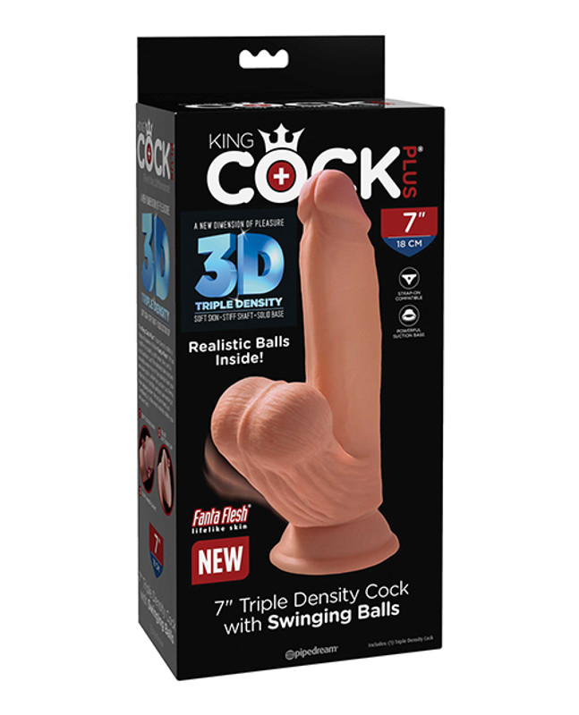 Pipedream King Cock Plus 7" Triple Density Cock With swinging Balls - Tan