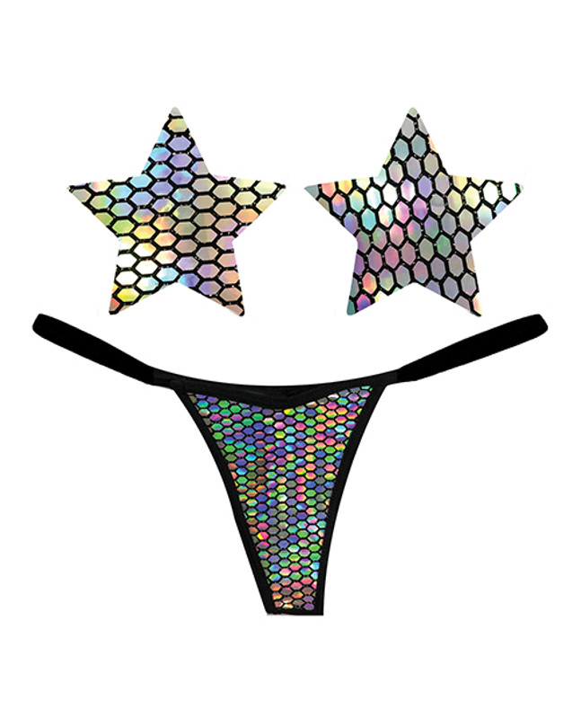 Neva Nude Naughty Knix Mirrored Mayhem Holographic G-String & Pasties - Black O/S