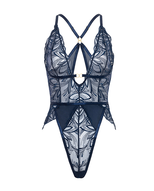 Davina V-Plunge Embroidered Teddy With Double Ring Charm - Navy LG