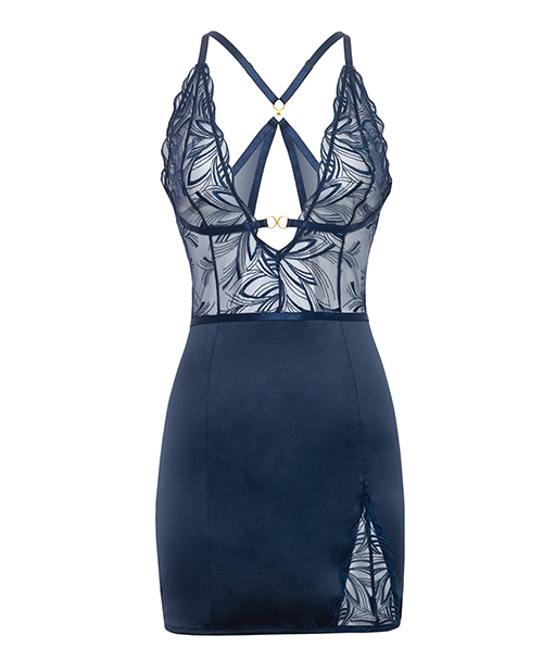 Davina V-Plunge Embroidered Babydoll With Double Ring Charm - Navy XL