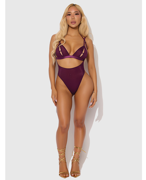 Yasmine Shimmer Mesh Slit Cup, Backless Teddy & Bralette Set - Burgundy LG