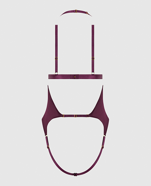 Yasmine Shimmer Mesh Slit Cup, Backless Teddy & Bralette Set - Burgundy LG