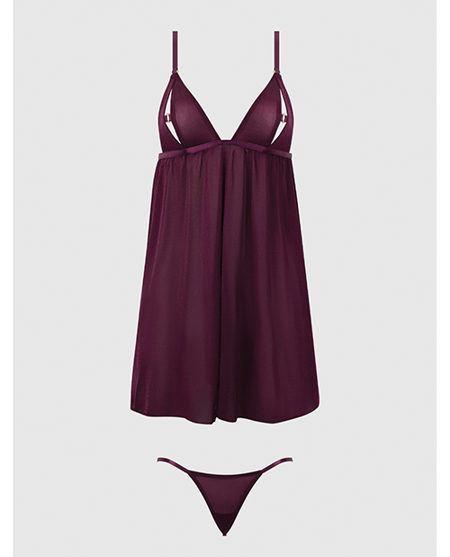 Yasmine Shimmer Mesh O-Ring Slit Cup Babydoll & G-String Set - Burgundy 3X/4X