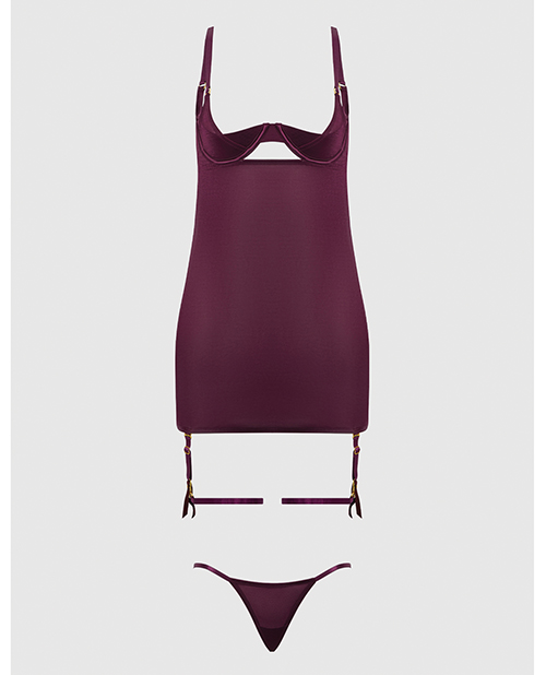 Yasmine Shimmer Mesh O-Ring Thigh Garter Chemise & G-String Set - Burgundy 1X/2X
