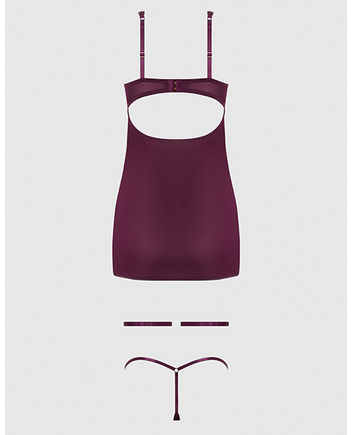 Yasmine Shimmer Mesh O-Ring Thigh Garter Chemise & G-String Set - Burgundy 3X/4X