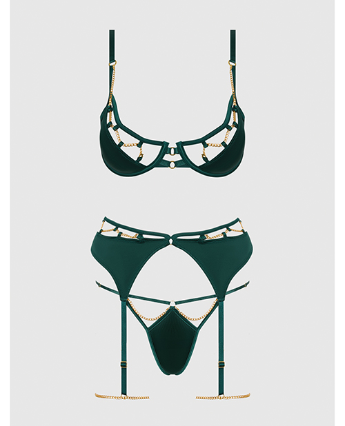 Evangeline Satin & Chain Push Up Bra, Thigh Garter Belt & G-String Set - Green LG