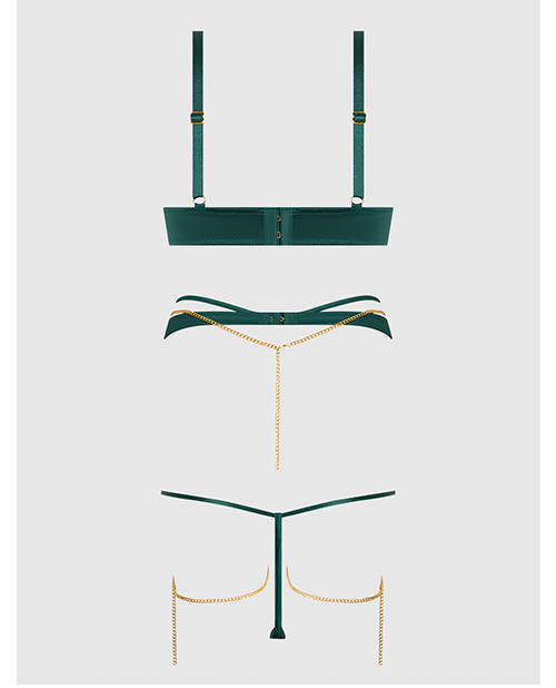 Evangeline Satin & Chain Push Up Bra, Thigh Garter Belt & G-String Set - Green XL