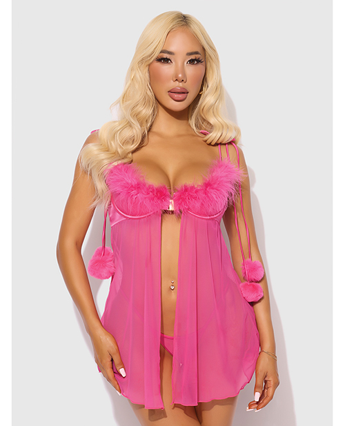 Marilyn Marabou & Mesh Babydoll & G-String Set - Pink 1X/2X