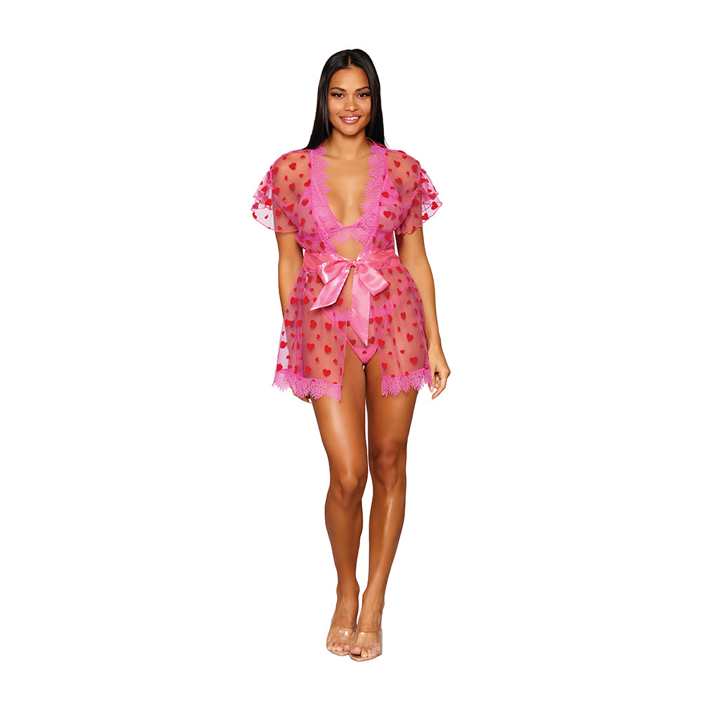 Dreamgirl Flocked Heart Mesh and Eyelash Lace Robe