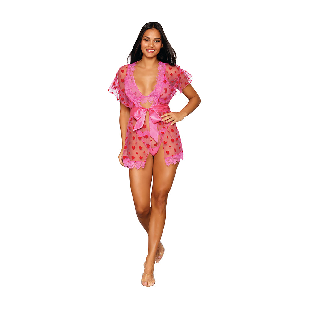 Dreamgirl Flocked Heart Mesh and Eyelash Lace Robe