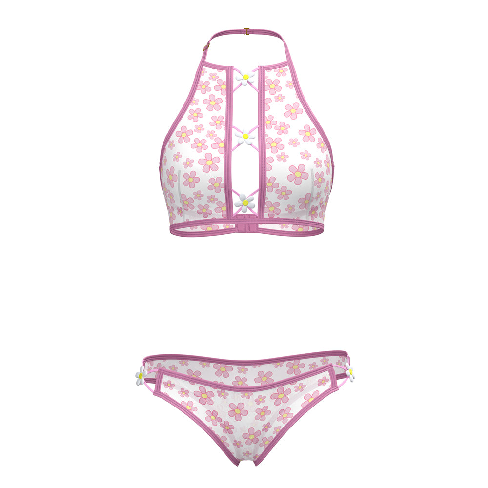 Magic Silk Daisy Halter Bralette & Panty Set Daisy Print Queen Size