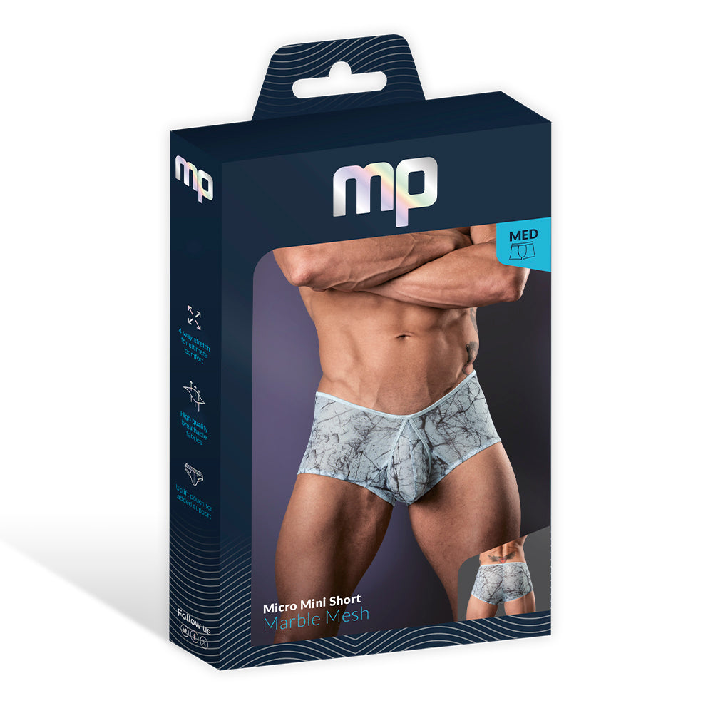 Male Power Marble Mesh Micro Mini Short Silver Blue XL