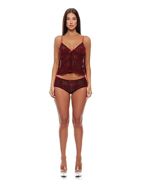 Velvet Lines Mesh Cami & Boy Short 2 pc Set - Red/Black MD