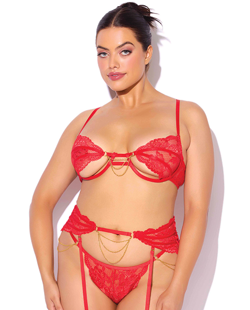 Cecily Lace Cut-Out Bra & Thong w/Garter Straps - Red 3X/4X