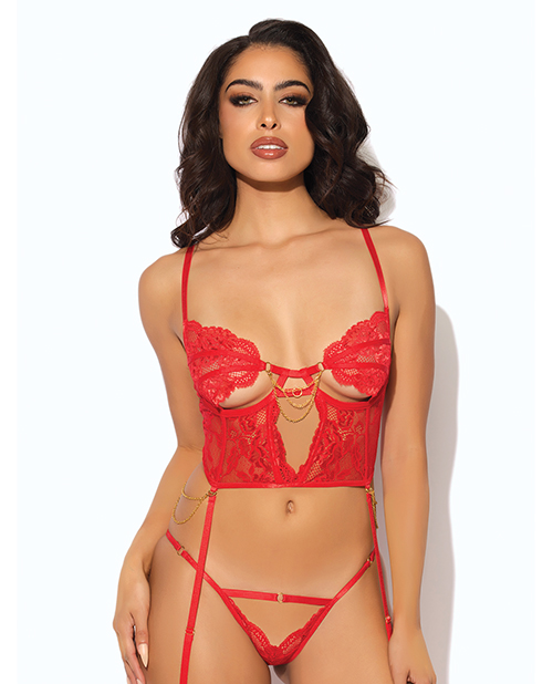 Cecily Lace & Mesh Bustier w/Thong & Garter Straps - Red SM