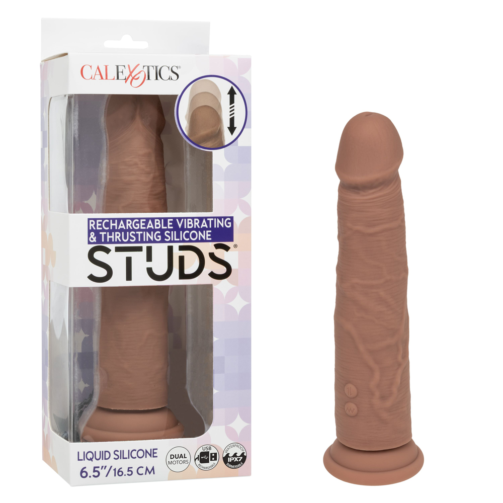 Rechargeable Vibrating and Thrusting Silicone Studs - Brown