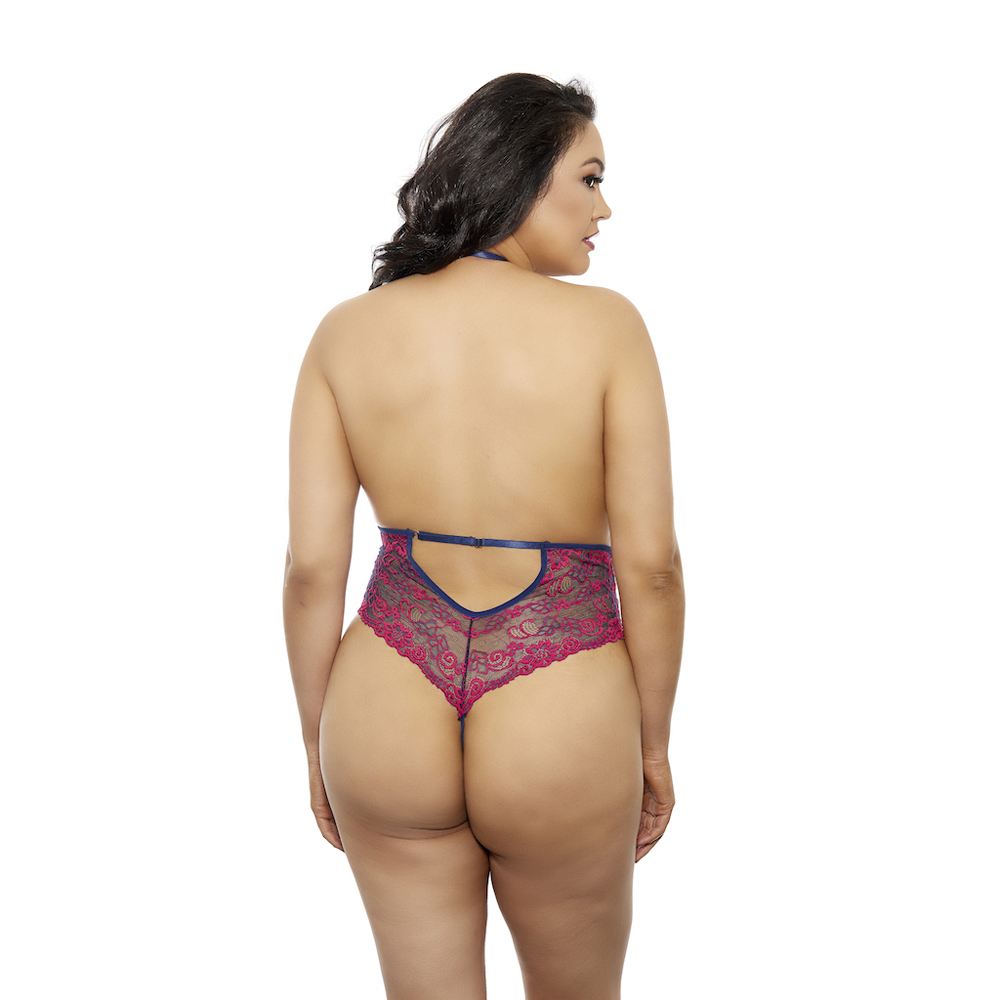 Two Tone Lacy Bodysuit Plus Size Fuchsia