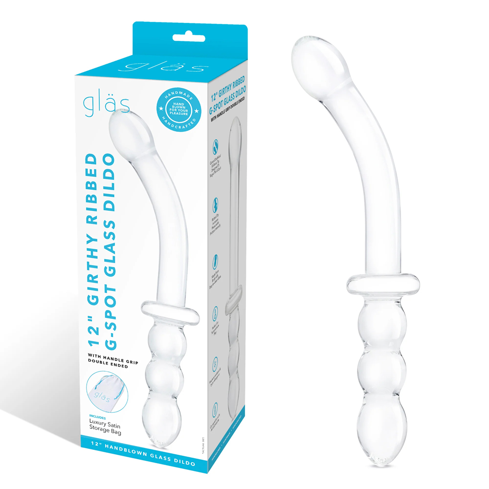 Glas 12" Girthy Ribbed G-Spot Glass Dildo With Handle Grip Double Ended