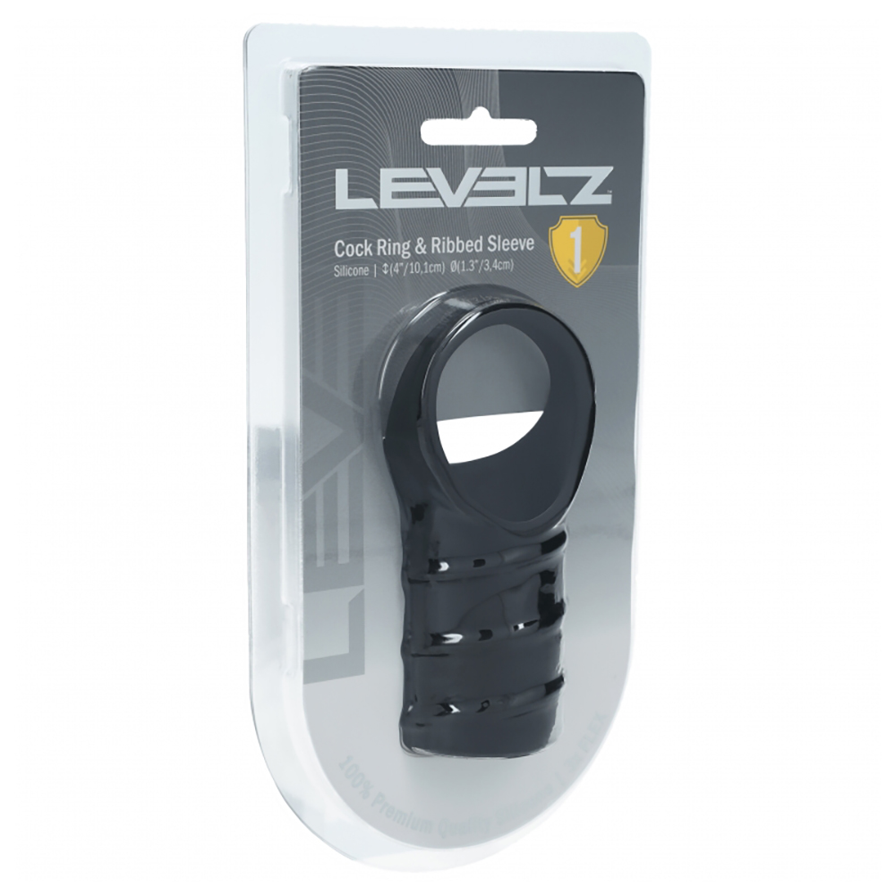Levelz Silicone Cock Ring & Ribbed Sleeve Black