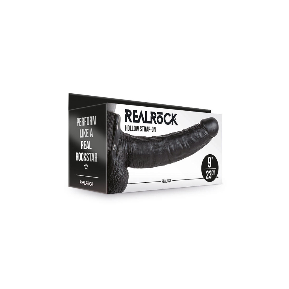 Realrock Hollow Strap-On With Balls 9" Black