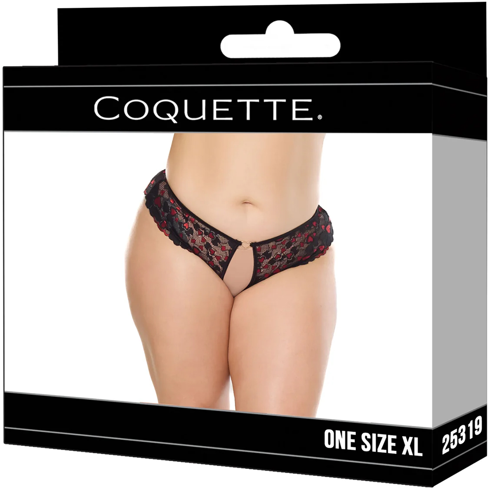 Coquette Heart Lace Crotchless Panty Black XL