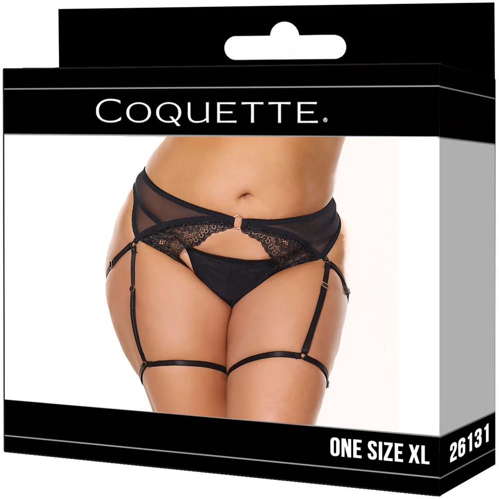 Coquette Crotchless Panty With Leg Garters Black XL