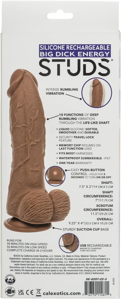 Silicone Rechargeable Big Dick Energy Studs - Brown