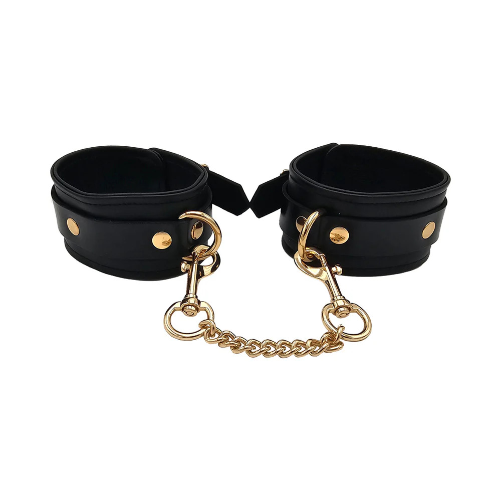 Rouge Leather Plain Wrist Cuffs Black with Gold Accessories