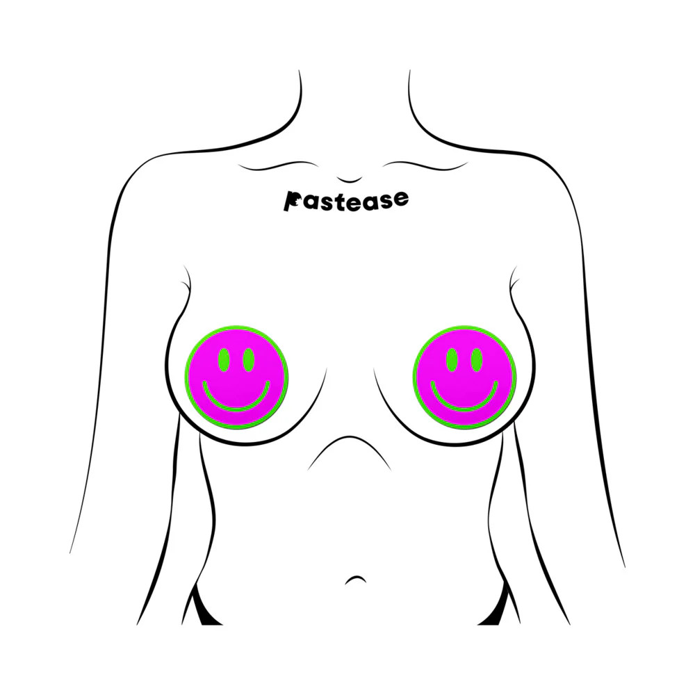 Pastease Neon Green Glow-in-the-Dark Pink Smiley Face Breast Pasties