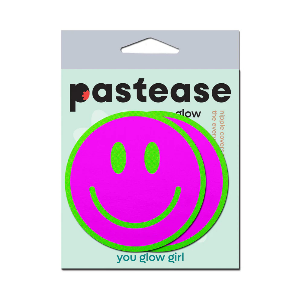 Pastease Neon Green Glow-in-the-Dark Pink Smiley Face Breast Pasties