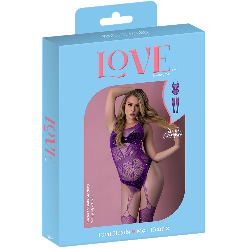 Love Rhinestone Crystal Gartered Body Stocking Violet One Size
