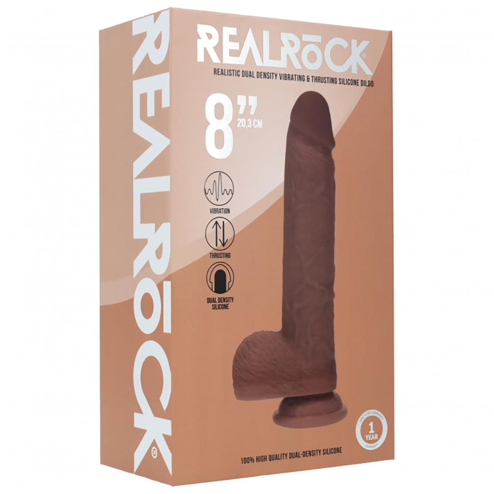 Realrock Dual Layered Realistic Vibrating Thrusting Dildo With Balls 8" Brown