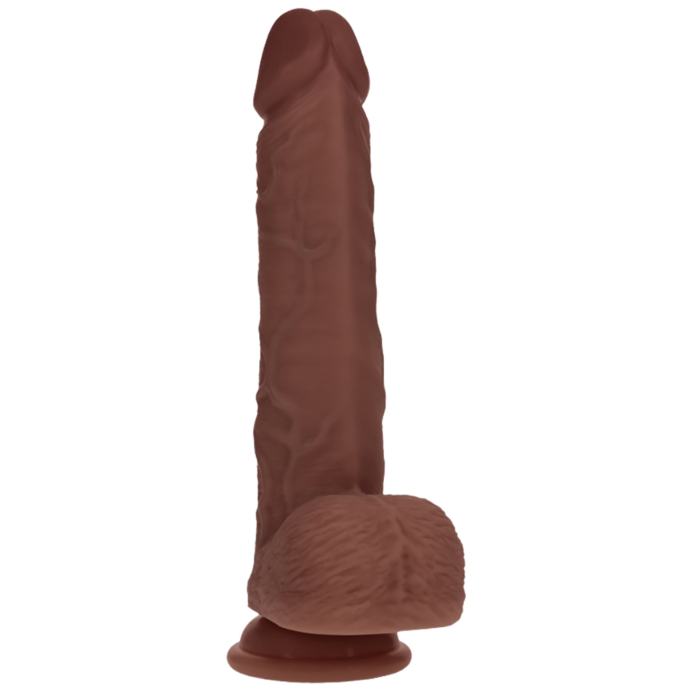 Realrock Dual Layered Realistic Vibrating Thrusting Dildo With Balls 8" Brown