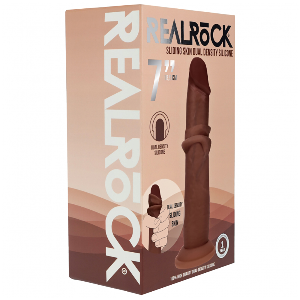 Realrock Dual Layered Realistic Sliding Skin Dildo 7" Brown