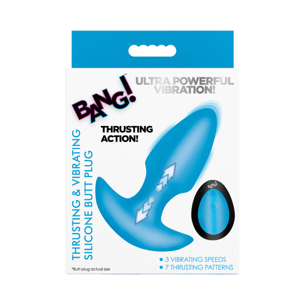 BANG! Thrusting & Vibrating Silicone Butt Plug Blue