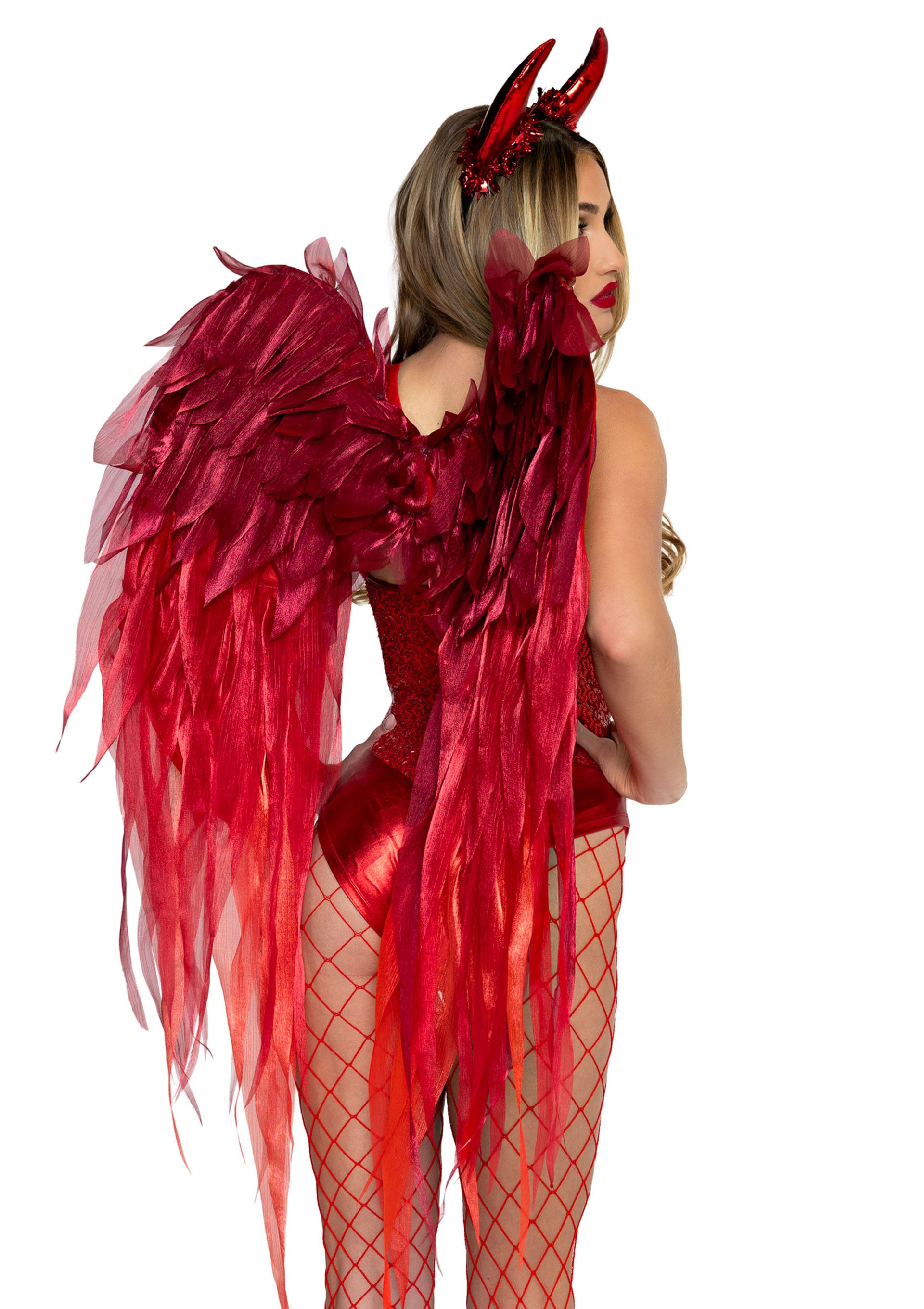 2 Pc Devil Ombre Chiffon Wings and Horn Headband Red Os