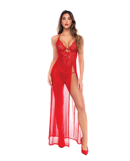 Dotted Lace & Mesh Maxi Dress w/High Side Slit & Thong - Red S/M