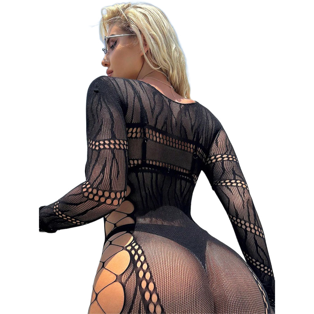 Black Pearl Long Sleeve Mesh Romper With Side Cut Outs Black