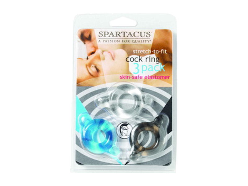 Spartacus Elastomer Cock Ring Set - Black, Blue & Clear Pack Of 3