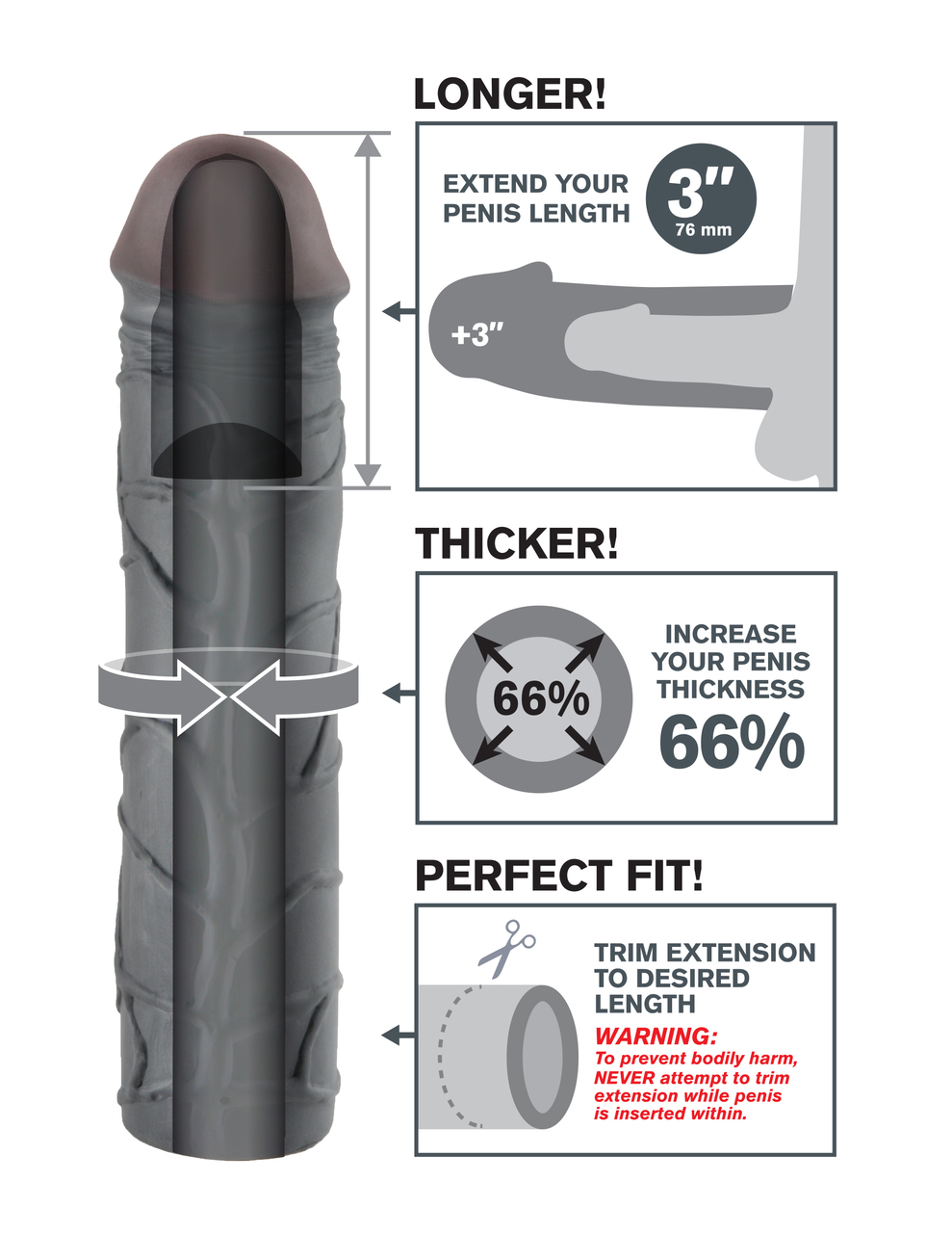 Pipedream Fantasy Xtensions Mega 3" Penis Extension - Black