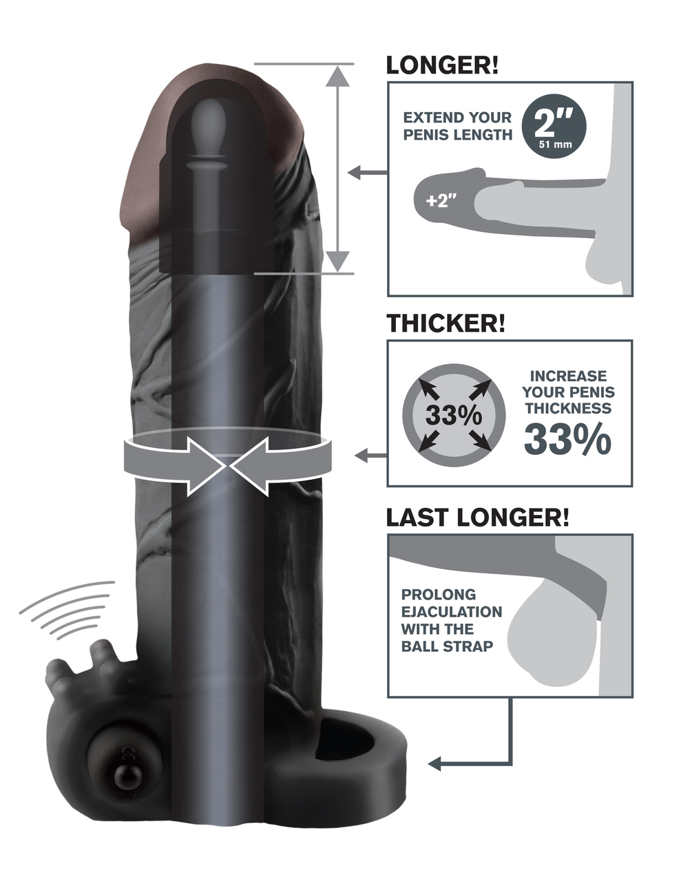 Pipedream Fantasy Xtensions Vibrating Real Feel 2" Penis Extension Includes Ball Strap - Black