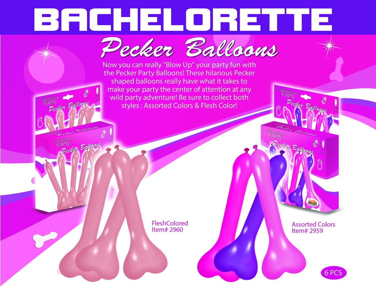 Hott Products Pecker Balloons - Asst Colors Box Of 6