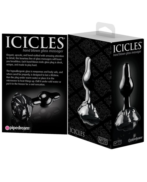 Pipedream Icicles No. 77 Hand Blown Glass Rose Butt Plug - Black