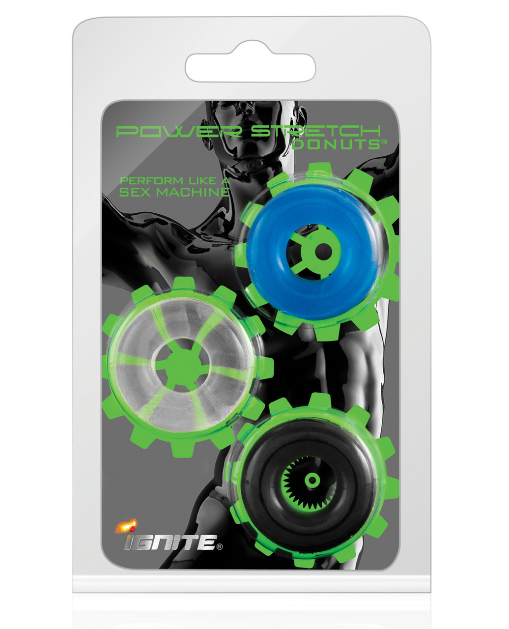 Si Novelties Ignite Power Stretch Donuts Cock Rings - Pack Of 3 Black/Clear/Blue